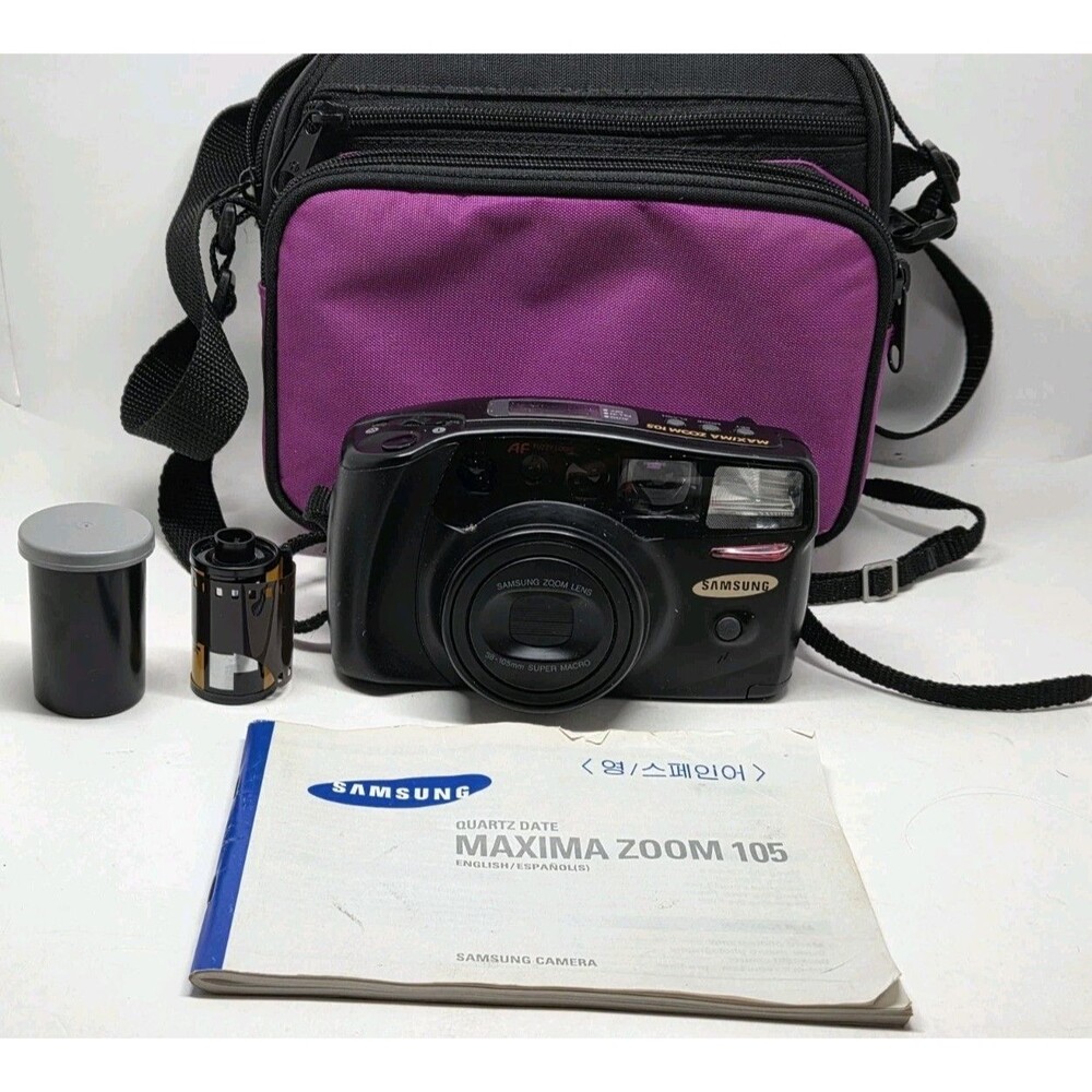 Samsung Maxima Zoom 105 35mm Film Cam Bundle w/ Case, Manual & Kodak Film Tested